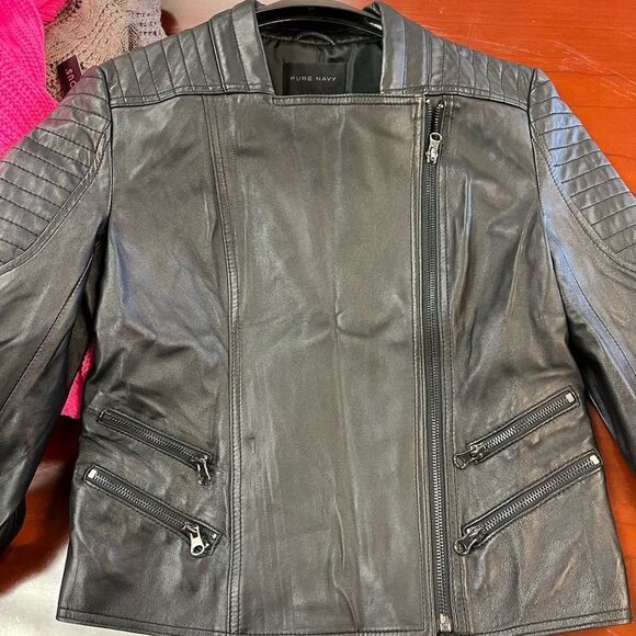 Pure Navy Lamb Leather Black Moto Jacket sz S - Picture 3 of 9